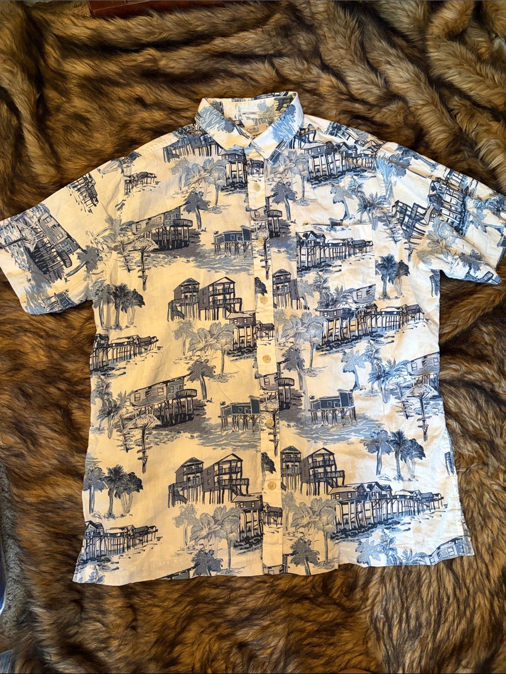 Croft & Barrow Men's Linen Cotton Tropical Beach Button Up Shirt Blue White Sz L